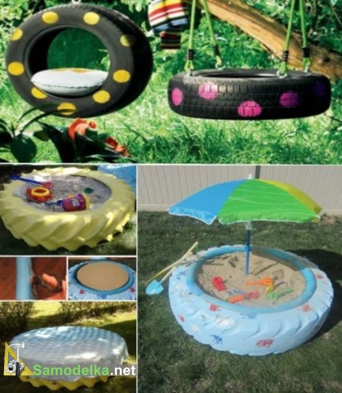 поделки из покрышек для сада - качели и песочницы