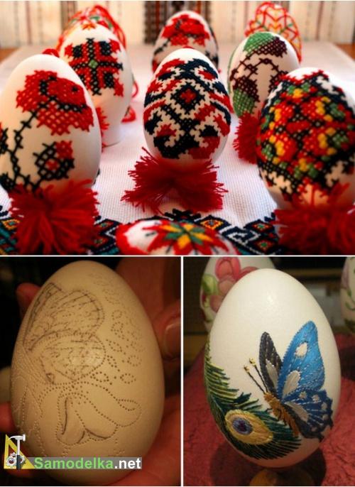 вышивка на яйцах узор крестиком и бабочка